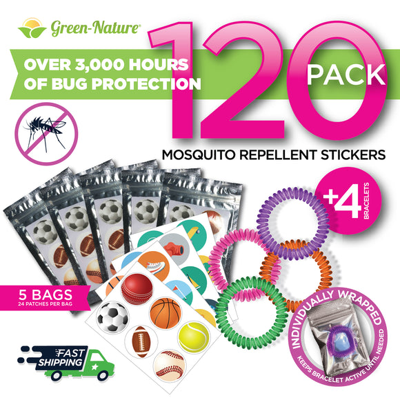 Green Nature 120 Pack Mosquito Repellent Stickers + 4 Individually Wrapped Bracelets